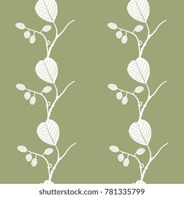 Seamless floral pattern with silhouetted vertical garlands made of alder tree boughs.