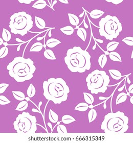 Seamless floral pattern with silhouetted white roses in a folk style on a lilac background.