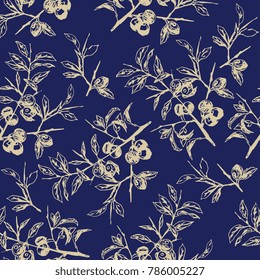 Seamless floral pattern with silhouettes of blackthorn branches.