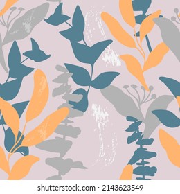 Patrón floral sin fisuras de siluetas de plantas praderas amarillo, azul, gris y manchas de grunge.Fondo y textura para imprimir sobre telas y papel.Ilustración vectorial dibujada a mano.