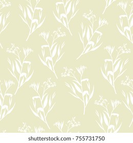 Seamless floral pattern with silhouettes of meadow herbs. Forget-me-not flowers. Delicate vintage style.