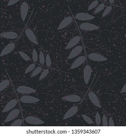 Seamless floral pattern with silhouettes and outline of branches with leaves on a dark background. Vector nature  illustration.