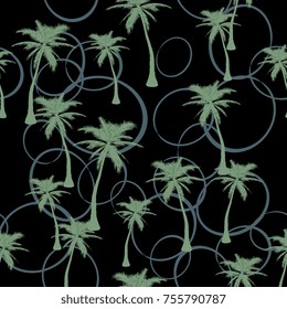Seamless floral pattern with silhouettes of palm trees and abstract ellipses.