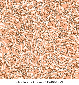 Seamless floral pattern. Silhouettes of small blossom wildflowers and plants in simple sketch flat manner on wavy curved shapes texture. For fashion design, fabric, textile, wrapping, web, card.