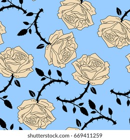 Seamless floral pattern with silhouettes of stylized rose branches.
