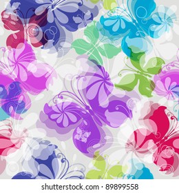 Seamless floral pattern with silhouettes  transparent colorful butterflies (vector EPS 10)