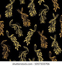 Seamless floral pattern with silhouettes of tree branches with berries. Based on hand drawn ink sketch. Gold on black.