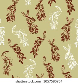 Seamless floral pattern with silhouettes of tree branches with berries. Based on hand drawn ink sketch. 