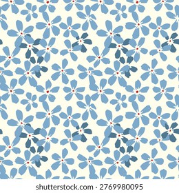 Seamless floral pattern with simple blue flowers and small red centers on a light background. Minimal flat design suitable for textile, wrapping paper, stationery, fabric print, wallpapers, packaging