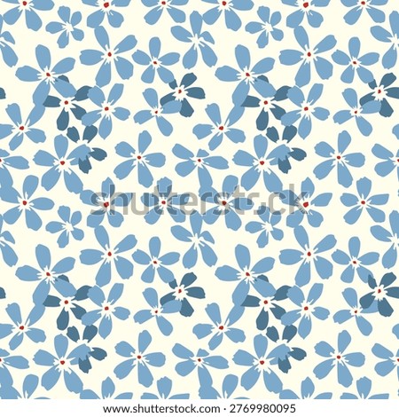 Seamless floral pattern with simple blue flowers and small red centers on a light background. Minimal flat design suitable for textile, wrapping paper, stationery, fabric print, wallpapers, packaging