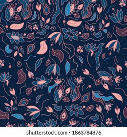 Seamless floral pattern with simple colorful floral elements. Great for fabric, textile, and prints. Vector illustration isolated on dark blue background.