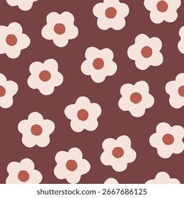 Patrón floral sin fisuras con flores crema simples y centros marrones sobre un fondo cálido de terracota. Diseño de flores retro mínimo para textiles, Fondos de pantalla, papel de embalaje y decoración del hogar