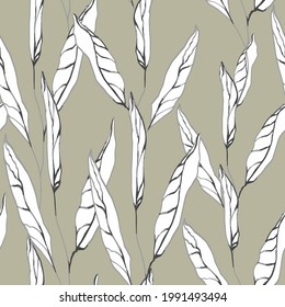 Seamless floral pattern. Simple curved white leaves pointing upwards. Muted gray-green background. Use for covers, factory prints on fabric, paper, packaging, backdrops, splash screens, postcards and 