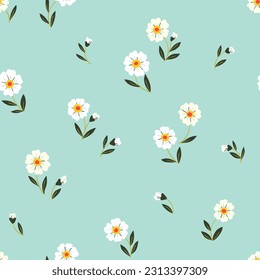 Seamless floral pattern, simple and cute ditsy print with white flowers. Pretty botanical design for fabric, paper: small hand drawn flowers, leaves on a blue background. Vector illustration.