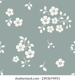 Seamless floral pattern, simple cute ditsy print with folk rustic motif. Delicate botanical design, flower ornament: small hand drawn flowers, leaves on a gray background. Vector pattern in two colors