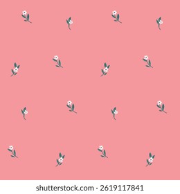 Padrão floral contínuo, impressão ditsy bonito simples no estilo da liberdade. Design botânico bonito de mini plantas desenhadas à mão, flores pequenas, folhas minúsculas. Menina ditsy impressão em rosa. Ilustração vetorial.