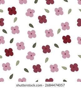 Padrão floral contínuo com flores e folhas bonitas simples no fundo branco