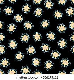 Seamless Floral Pattern. Simple Cute Flowers Scattered on Black Background. Romantic Feminine Texture for Calico, Print, Textile, Fabric, Wallpaper.