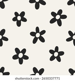 Seamless floral pattern. Simple daisy flowers print, abstract black and white texture, endless spring background. Repeating printable design for textile, wrapping paper. Flat vector illustration