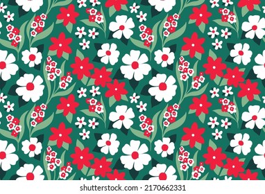 Seamless floral pattern with simple decorative plants on a green field. Cute ditsy print, pretty botanical background with summer meadow, small hand drawn flowers and leaves. Vector illustration.