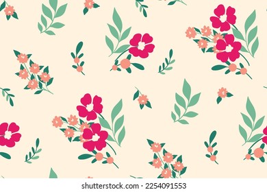 Seamless floral pattern with simple decorative plants on a white background. Cute botanical print with spring botany: hand drawn flowers, leaves in bunches. Vector illustration.