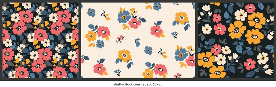 Seamless floral pattern, simple decorative ditsy print, abstract nature ornament of hand drawn plants. Botanical design: daisy flowers, small leaves, bouquets in folk art motif. Vector illustration.