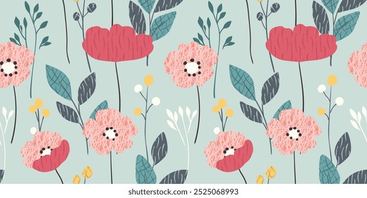 Patrón floral sin fisuras, impresión decorativa simple, ornamento abstracto de las plantas silvestres dibujadas a mano. Diseño botánico lindo: Grandes flores de amapola, ramitas Pequeñas, hojas en campo azul. Ilustración vectorial.