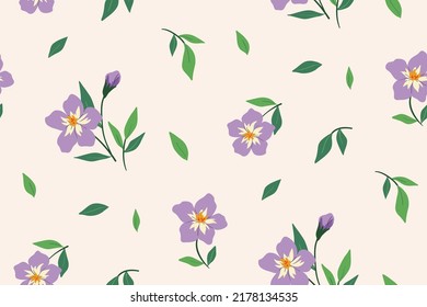 Seamless floral pattern, simple ditsy print with small wild flowers, leaves on white background. Cute botanical design for fabric, paper and other surfaces. Vector illustration.