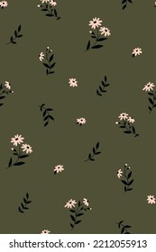 Seamless floral pattern, simple ditsy print with small wild plants. Abstract botanical arrangement with hand drawn chamomile flowers, leaves on natural background. Vector illustration.