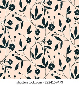 Seamless floral pattern, simple ditsy print with ink drawing branches on a light background. Elegant flower design with hand drawn wind plants: small flowers, leaves on twigs. Vector illustration.
