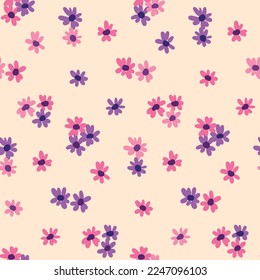 Seamless floral pattern, simple ditsy print with small hand drawn flowers bud in liberty arrangement. Cute flower design with tiny daisies in pink colors on a light background. Vector illustration.