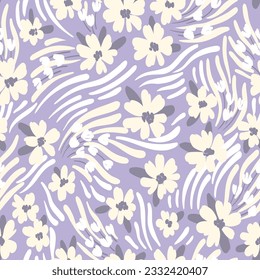 Seamless floral pattern, simple ditsy print with drawing of small plants. Cute botanical design for fabric, paper: tiny daisy flowers, grass, leaves on a gentle lilac background. Vector illustration.