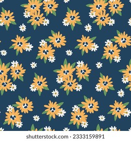 Seamless floral pattern, simple ditsy print, ornament with small hand drawn plants. Cute botanical design for fabric, paper: tiny yellow daisy flowers, leaves on a blue background. Vector illustration