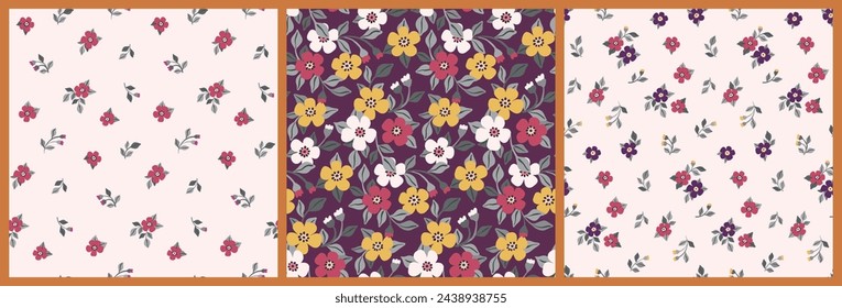 Patrón floral sin costuras, estampado simple ditsy en un lindo motivo folk. Bonita colección de diseño botánico, decoración textil de papel pintado: pequeñas flores dibujadas a mano, hojas diminutas, mini ramos. Ilustración de vector