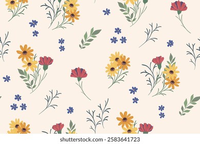 Seamless floral pattern, simple ditsy print, nature ornament of hand drawn wild plants. Botanical design with wild flowers, small yellow flowers, leaves. Vector illustration.