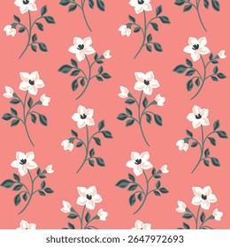 Seamless floral pattern, simple ditsy ornament, print of small hand drawn branches. Vintage botanical decor of small flowers, thin twigs with tiny leaves on pink background. Vector illustration.