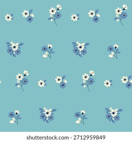 Seamless floral pattern, simple ditsy print of small hand drawn plants on a blue background. Cute botanical design of tiny daisy flowers, leaves, and mini, pretty bouquets. Vector illustration.