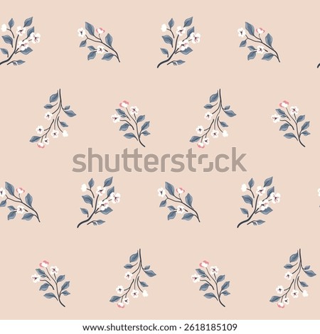 Seamless floral pattern, simple ditsy print with mini flowers and twigs. Cute botanical design of small hand drawn flowers, branches, tiny leaves on a neutral background. Vector illustration.