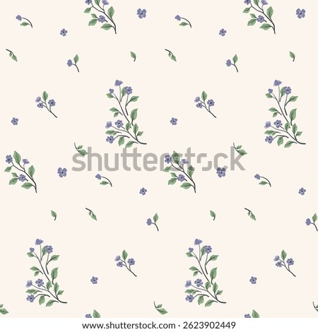 Seamless floral pattern, simple ditsy print in liberty rustic motif. Delicate botanical design of small hand drawn plants, tiny leaves, twigs, mini blue flowers on white field. Vector illustration.