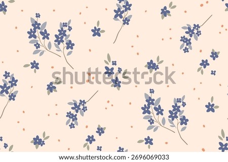 Seamless floral pattern, simple ditsy print of mini wild plants in a Liberty motif. Romantic botanical design of small hand-drawn flowers, tiny twigs, leaves in delicate colors. Vector illustration.