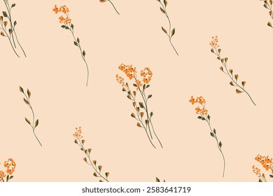 Seamless floral pattern, simple elegant nature print of hand drawn wild plants on beige field. Delicate botanical design of small flowers, thin branches, leaves. Vector illustration in minimal style.