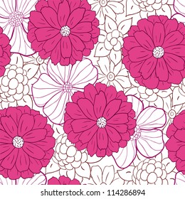 Seamless floral pattern with simple flower, berry and leaf