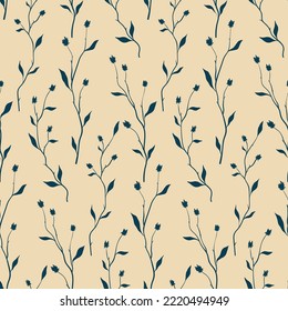 Seamless floral pattern, simple flower surface design with hand drawn twigs on a light background. Botanical print with ink sketch branches, small flowers, leaves. Vector illustration.