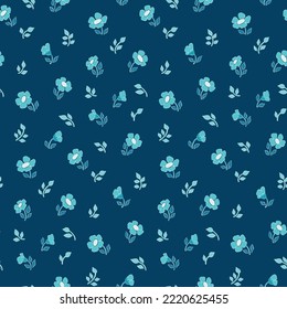 Seamless floral pattern, simple flower background design with small cute flowers on blue. Pretty ditsy print with tiny hand drawn flowers, leaves. Cute floral surface design, vector illustration.