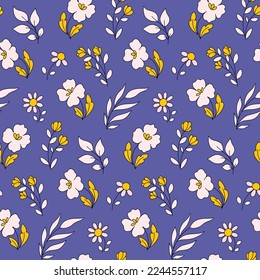 Seamless floral pattern, simple flower print with folk motif. Cute botanical design for fabric, paper: hand drawn wild plants, small flowers, various leaves on a blue background. Vector illustration.