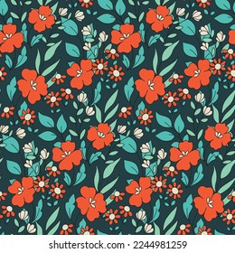 Seamless floral pattern, simple flower print with decorative garden, hand drawn wild plants. Cute botanical design with small red flowers, blue leaves on a dark background. Vector illustration.