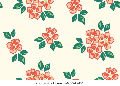 Seamless floral pattern, simple flower ornament with sketch plants in folk style. Cute botanical design: large red daisy flowers, leaves in hand drawn bouquets on white background. Vector illustration