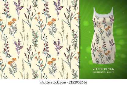 Seamless floral pattern. Simple flowers. Bouquets of wildflowers. Flower meadow. Hand drawn illustration. Dress mockup. Vector eps10