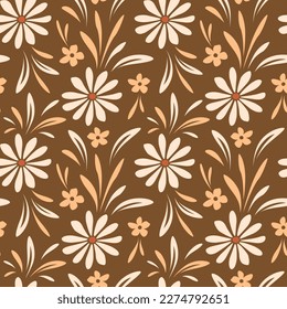 Seamless floral pattern with simple flowers and a bunch of leaves on a brown background, summer prints for textiles, wallpaper.