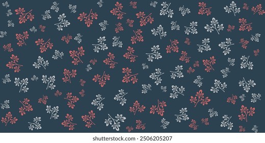 Seamless floral pattern with simple flowers and leaves on a dark blue background.